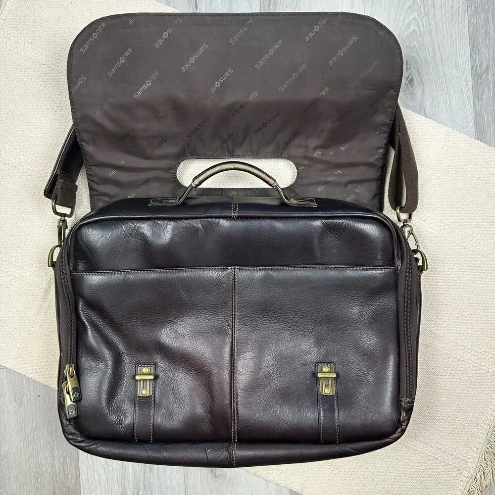 Samsonite Leather Briefcase Laptop Messenger Bag Dark Brown Shoulder Strap